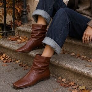 Robert Zur Cognac Leather Slouch Ankle Boots Square Toe Flat 8.5 AA Narrow